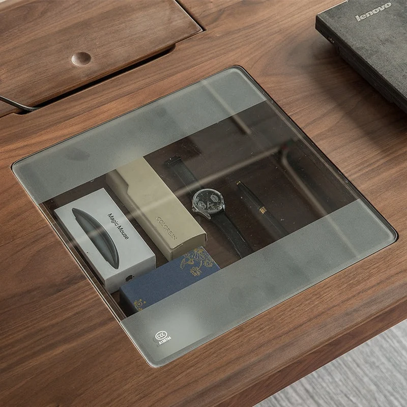 Future Walnut Wood Glass Surface Drawer Desk