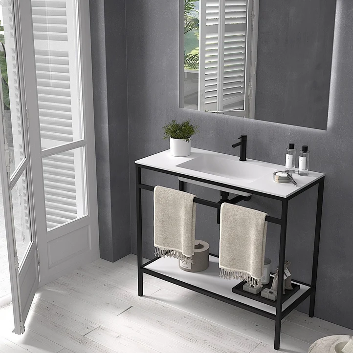 Mueble de Baño HORIZONTE de Doccia | Estructura Metálica Negra y Encimera Blanca