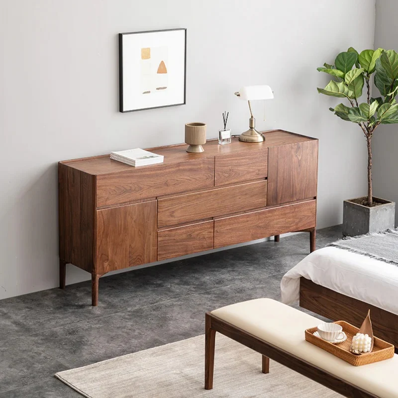 Elegant Lines of Drawers Natural Walnut Wood Sideboard