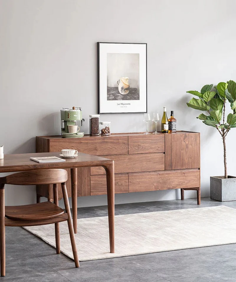 Elegant Lines of Drawers Natural Walnut Wood Sideboard