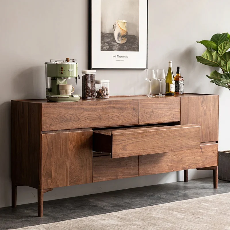 Elegant Lines of Drawers Natural Walnut Wood Sideboard