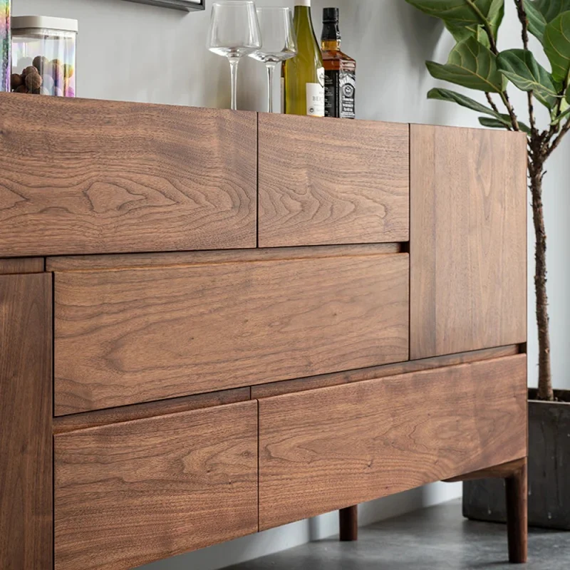 Elegant Lines of Drawers Natural Walnut Wood Sideboard