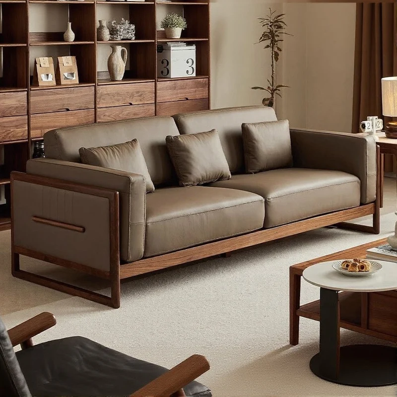 Verve Genuine Leather Black Walnut Wood Sofa