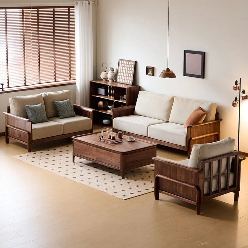 Cushioned Retreat Walnut Wood Leather Sofa