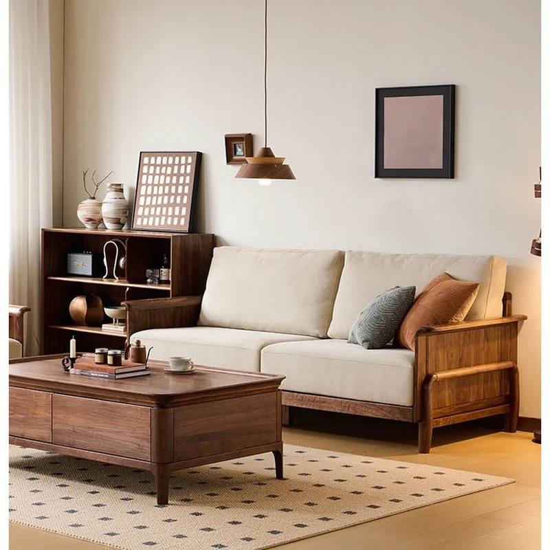 Cushioned Retreat Walnut Wood Leather Sofa