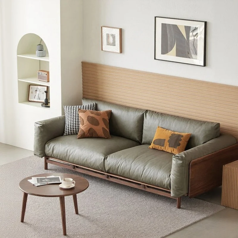 Scandinavian Inspired Walnut Wood Leather Sofa