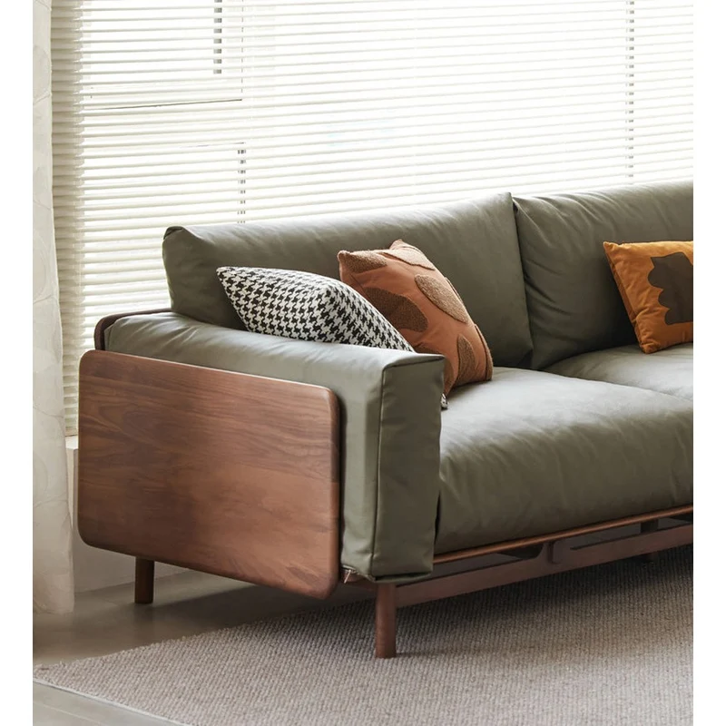 Scandinavian Inspired Walnut Wood Leather Sofa