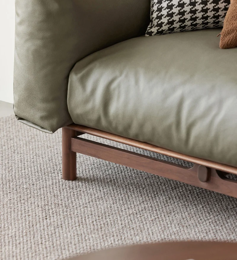 Scandinavian Inspired Walnut Wood Leather Sofa