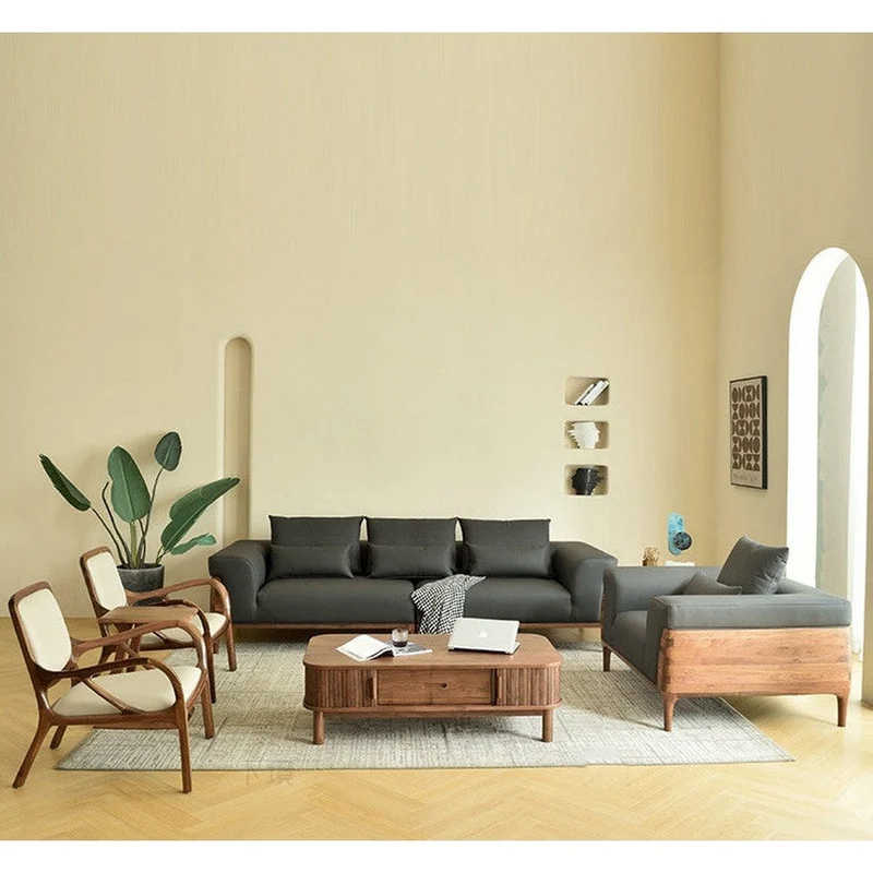 Relaxation Haven Cow Leather Walnut Wood Sofa
