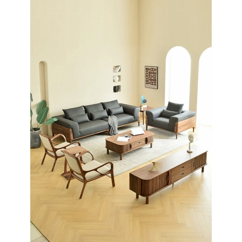 Relaxation Haven Cow Leather Walnut Wood Sofa