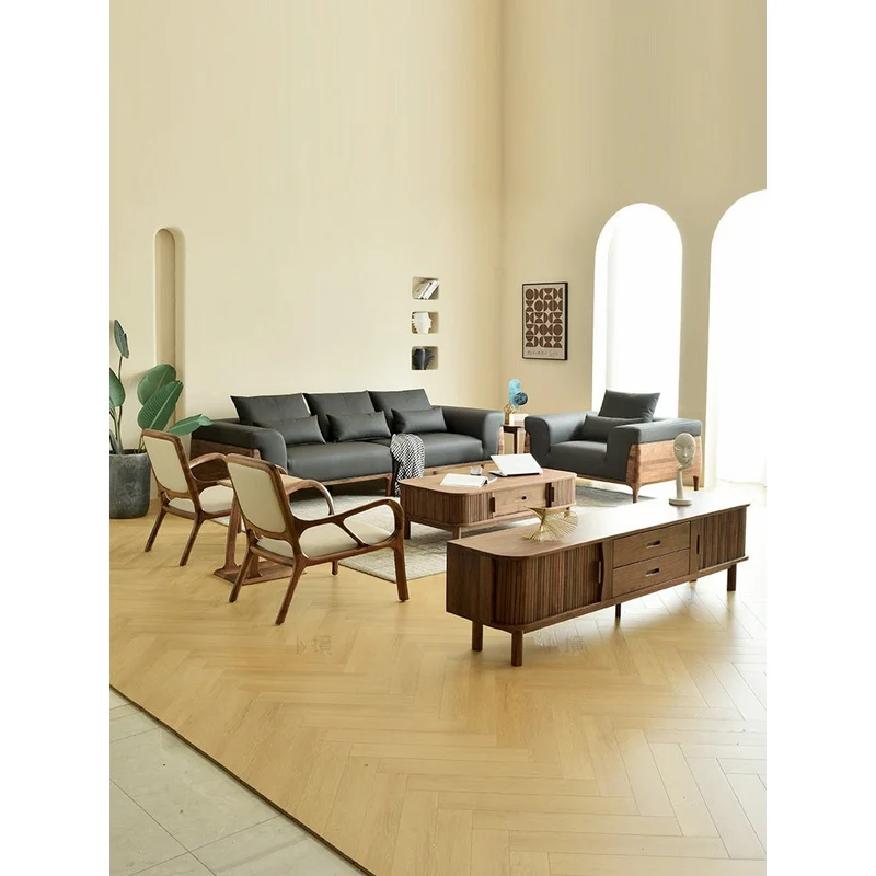 Relaxation Haven Cow Leather Walnut Wood Sofa