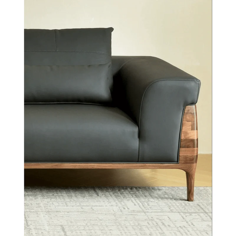 Relaxation Haven Cow Leather Walnut Wood Sofa