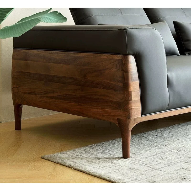 Relaxation Haven Cow Leather Walnut Wood Sofa
