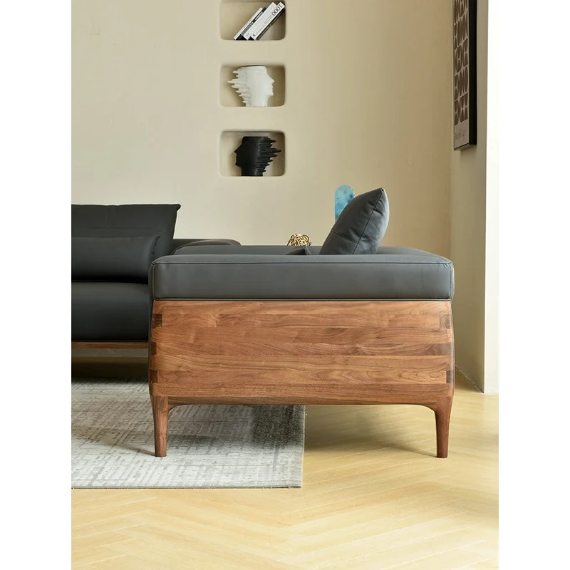 Relaxation Haven Cow Leather Walnut Wood Sofa