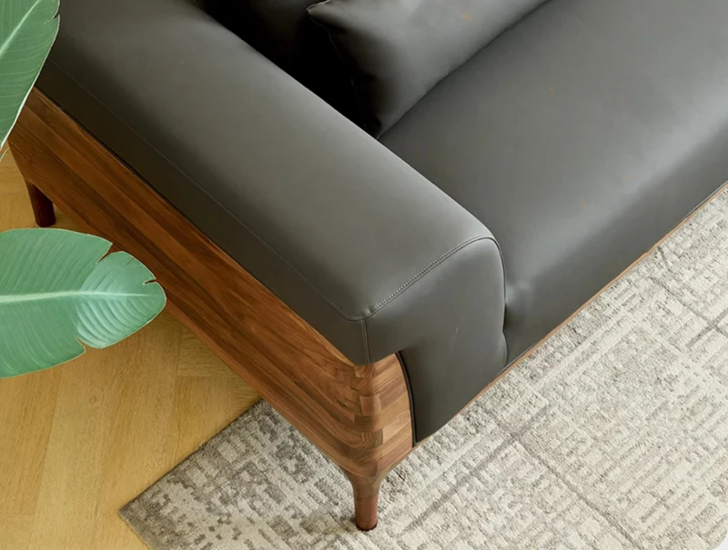 Relaxation Haven Cow Leather Walnut Wood Sofa