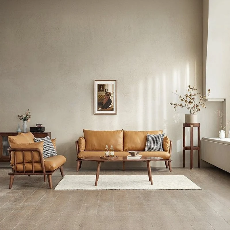 Luxurious Sectional Cow Leather Walnut Wood Sofa