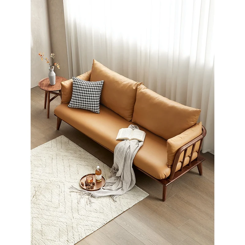 Luxurious Sectional Cow Leather Walnut Wood Sofa