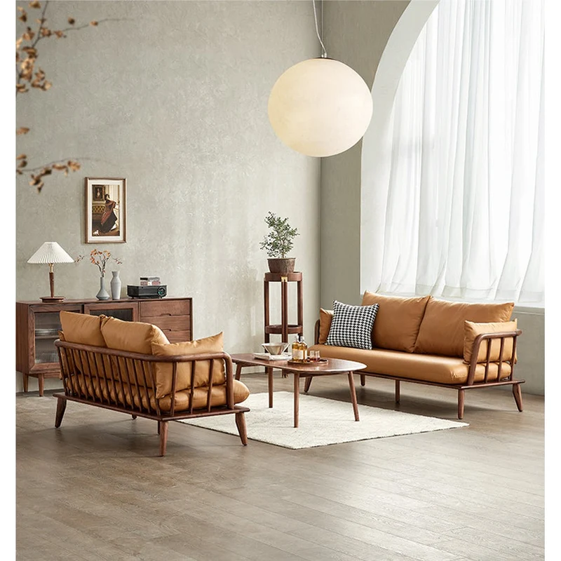 Luxurious Sectional Cow Leather Walnut Wood Sofa
