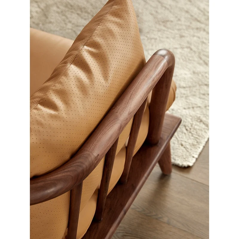 Luxurious Sectional Cow Leather Walnut Wood Sofa