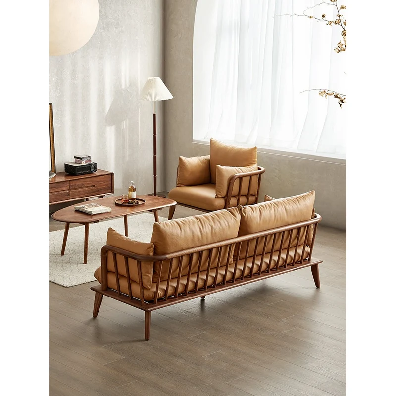Luxurious Sectional Cow Leather Walnut Wood Sofa