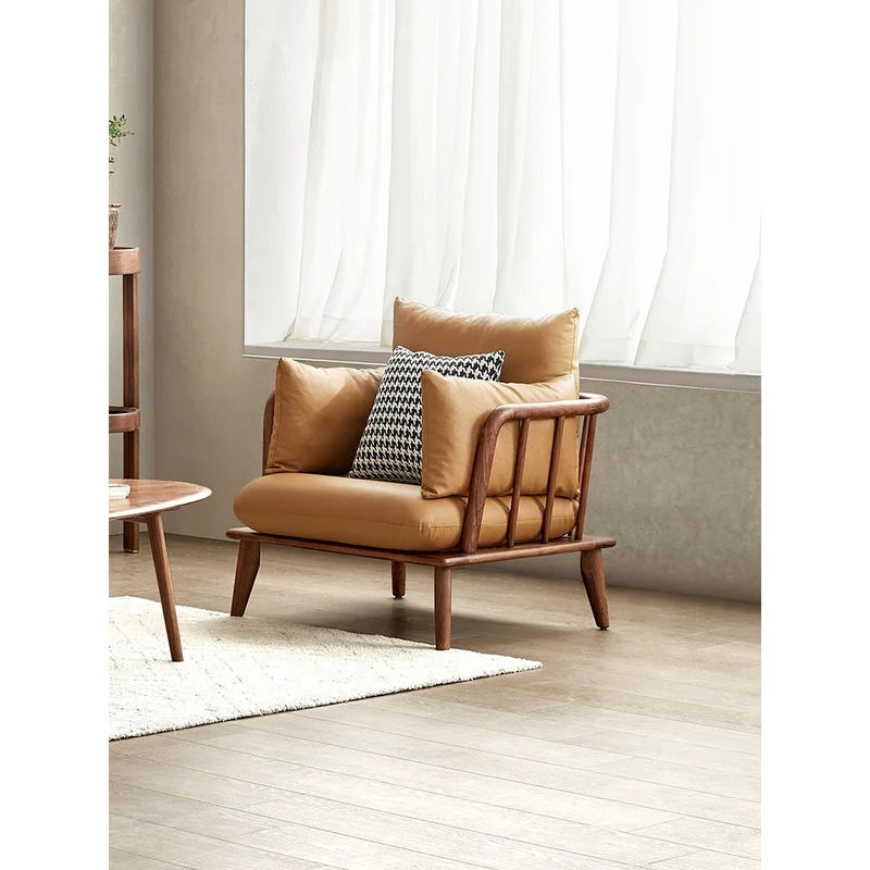Luxurious Sectional Cow Leather Walnut Wood Sofa