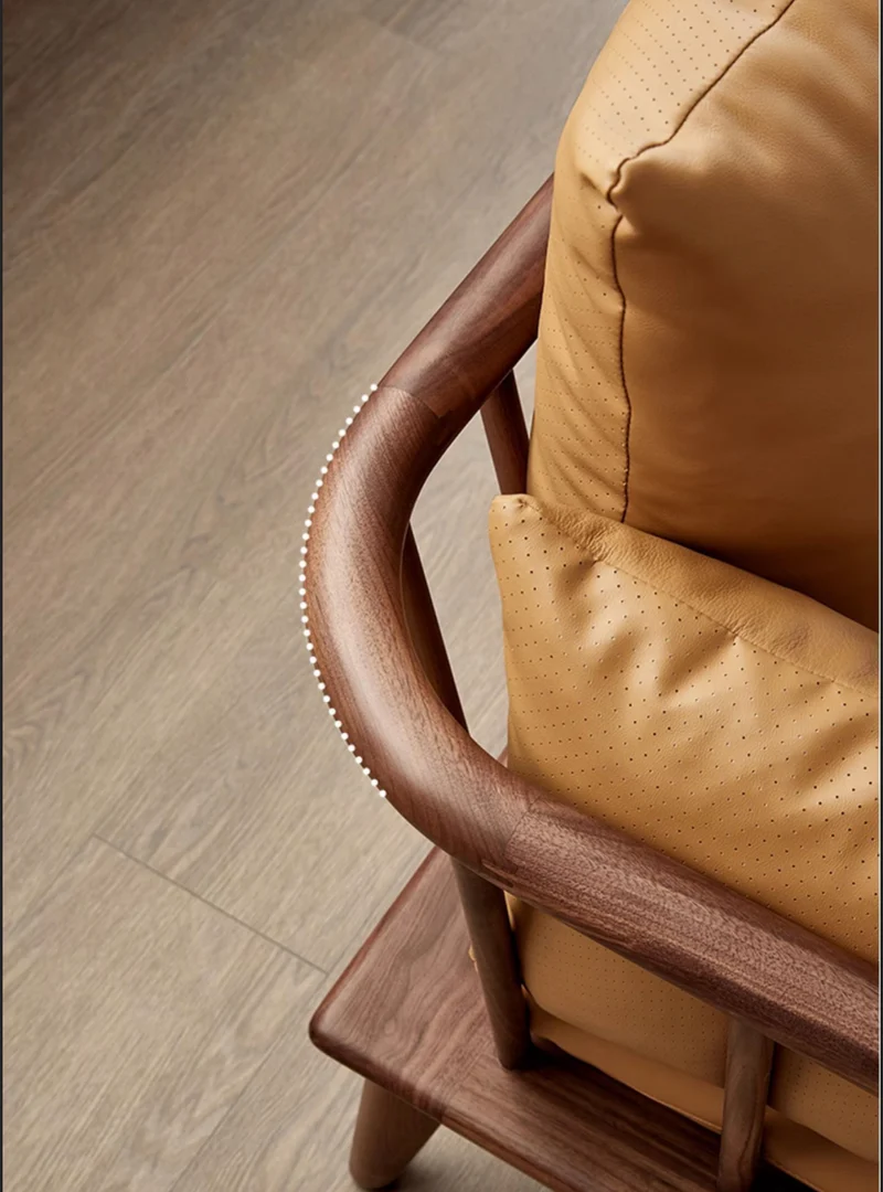Luxurious Sectional Cow Leather Walnut Wood Sofa