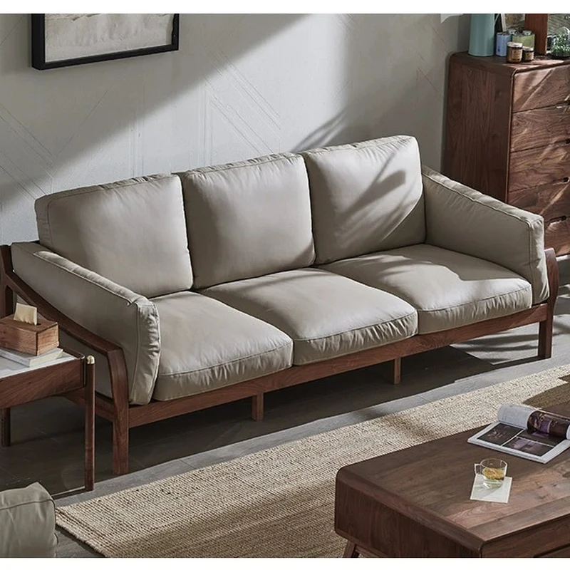 Retro Revival Solid Walnut Leather Sofa