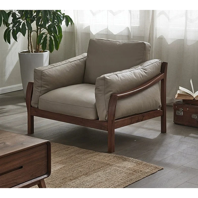 Retro Revival Solid Walnut Leather Sofa