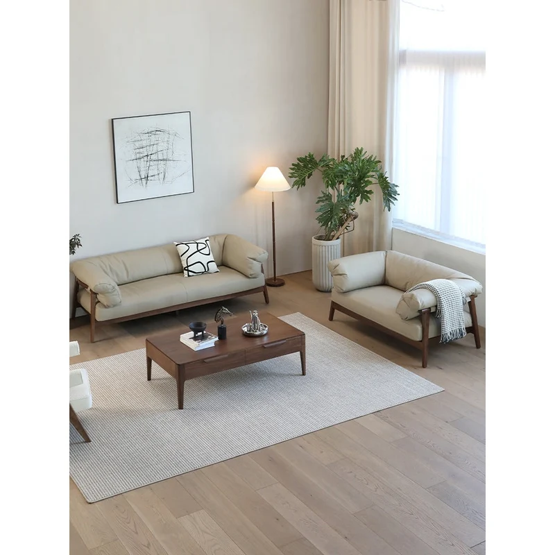 Coastal Breeze Genuine Leather Walnut Wood Sofa