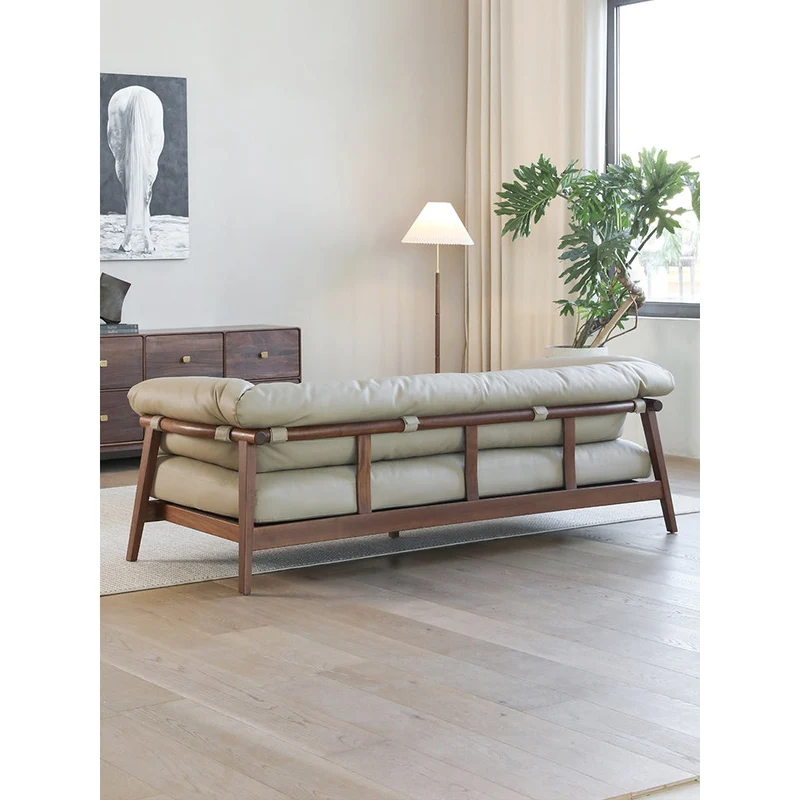 Coastal Breeze Genuine Leather Walnut Wood Sofa