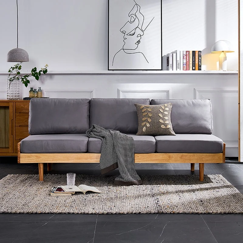 Japandi Oak Wood Genuine Leather Sofa