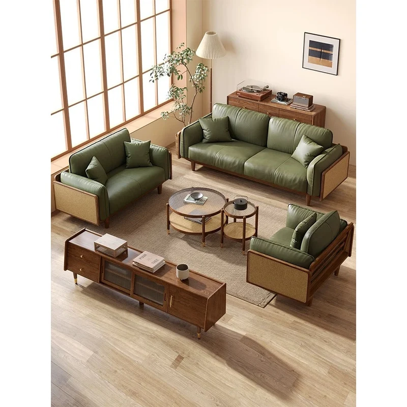 Catalyst Solid Wood Rattan Sofa with Genuine Leather