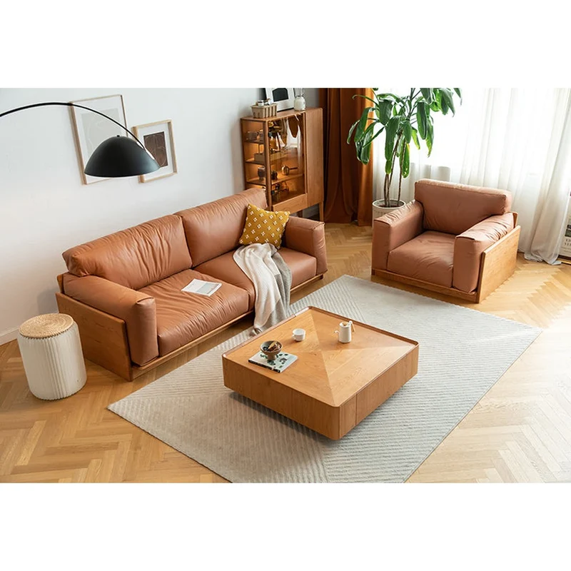 Meridian Japanese Cherry Wood Genuine Leather Sofa