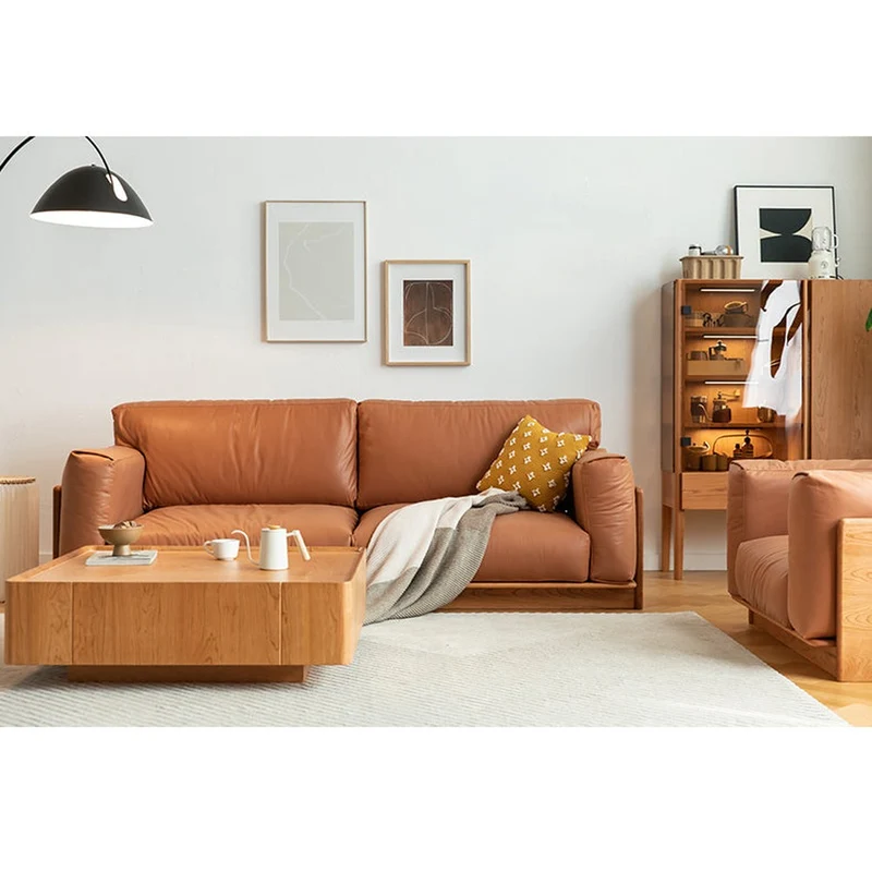 Meridian Japanese Cherry Wood Genuine Leather Sofa
