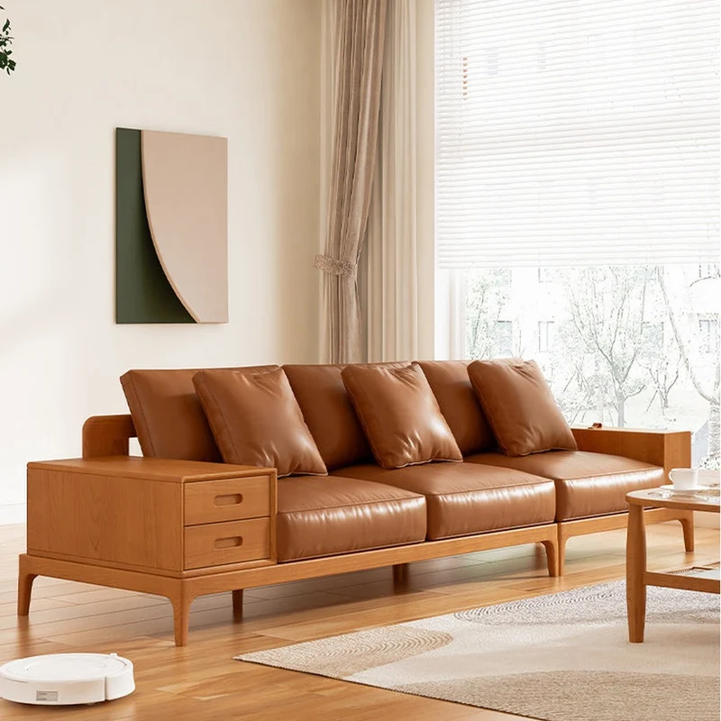 Astra Cherry Genuine Leather Sofa with Drawers