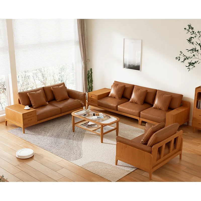 Astra Cherry Genuine Leather Sofa with Drawers