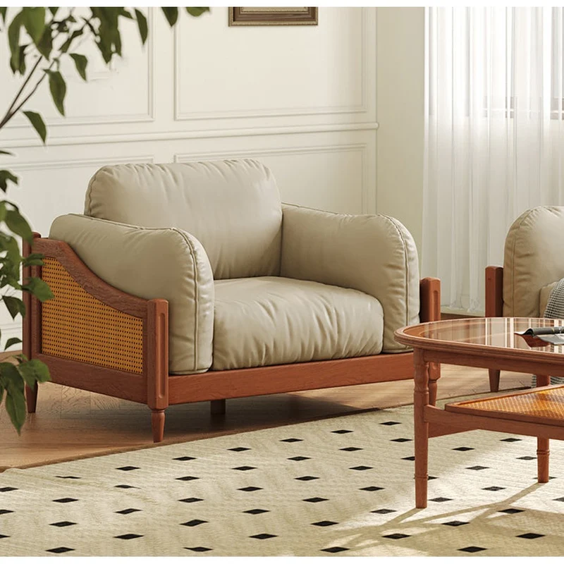 Flourish Rattan Cherry Wood Leather Sofa