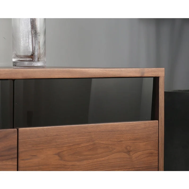 Elegant Glass Top with Drawers Walnut Wood TV Stand
