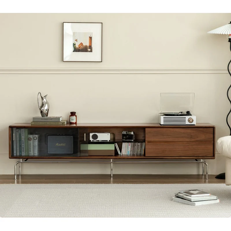 Contemporary Walnut Wood TV Stand with Silver Legs