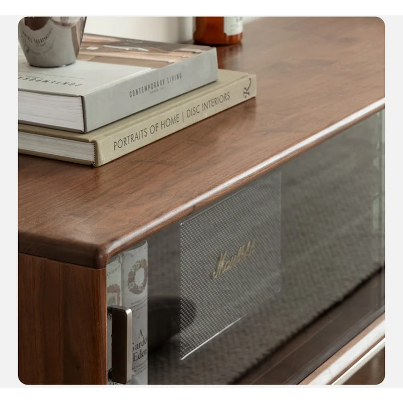 Contemporary Walnut Wood TV Stand with Silver Legs