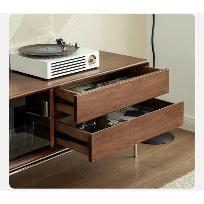 Contemporary Walnut Wood TV Stand with Silver Legs