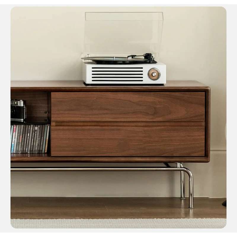 Contemporary Walnut Wood TV Stand with Silver Legs