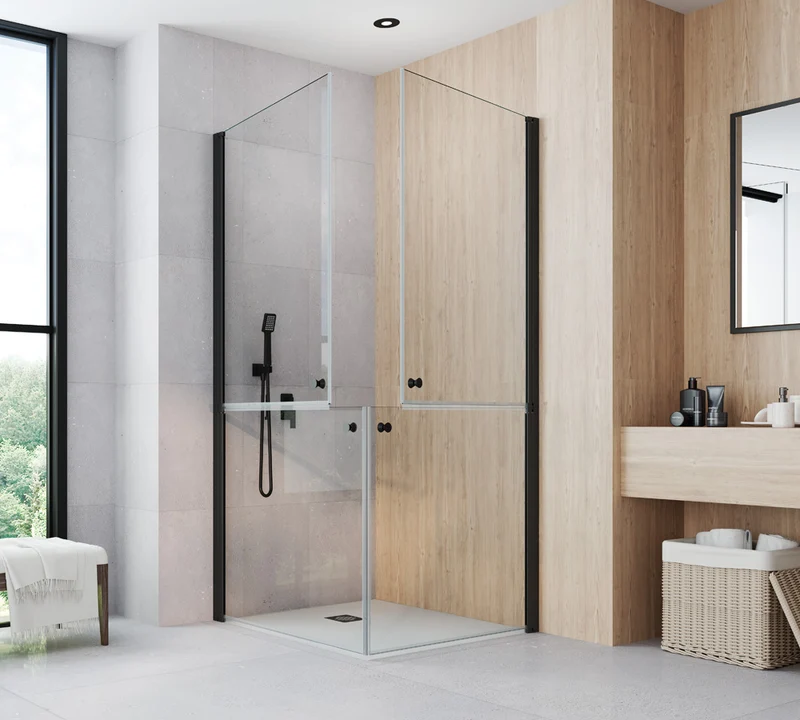 Mampara DENIA MR de Becrisa– Modelo Angular con 2 Puertas Partidas | Máxima Apertura en Esquina