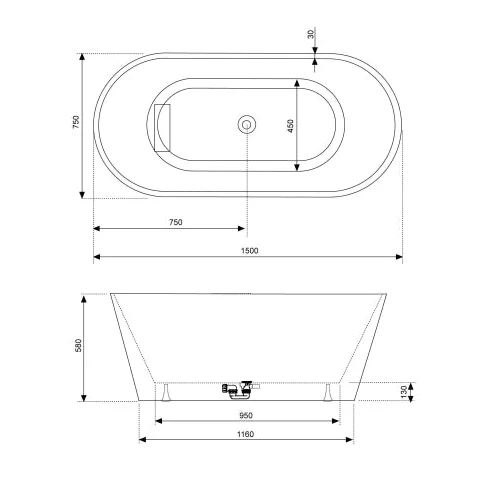 Bañera Oval en Isla VAN de Baños 10. Acrílica de 150, 160 y 170 cm