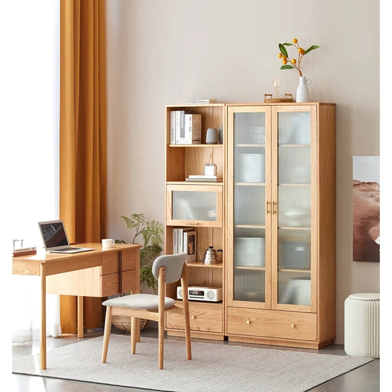 White Oak Wood Bookcase with Doors