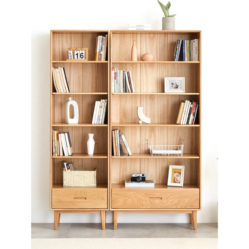 Natural Solid White Oak Wood Open Bookcase with Shelves