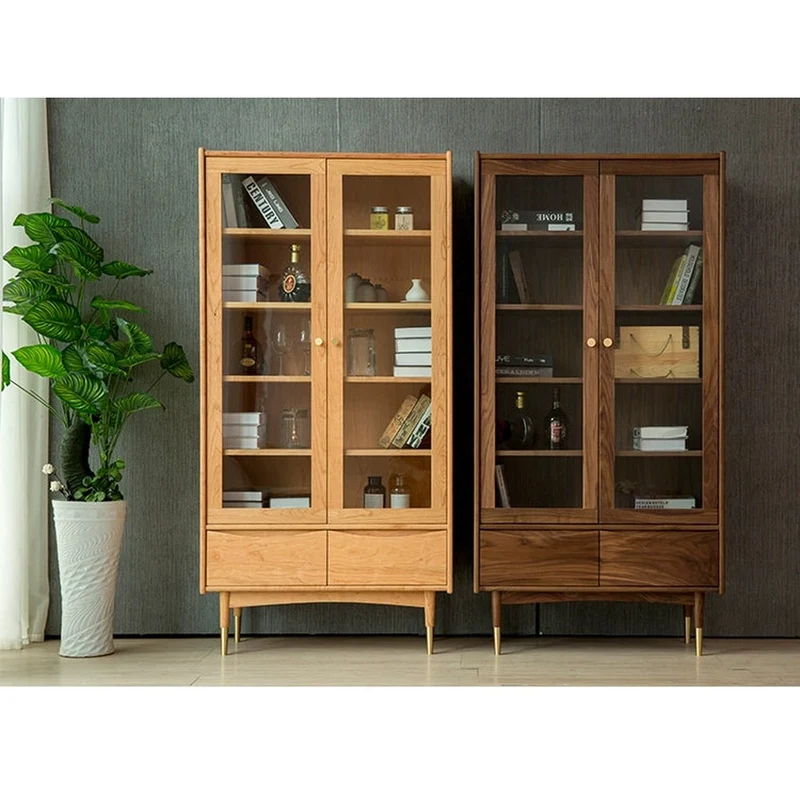 Solid American Cherry Wood Bookcase with Glass Doors