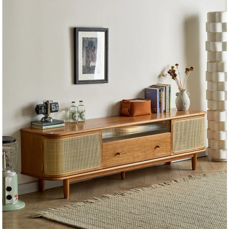 Heritage Cherry Wood TV Stand with Rattan Door