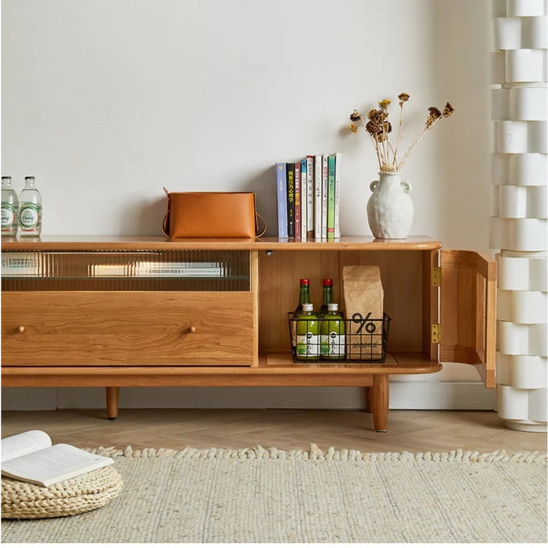 Heritage Cherry Wood TV Stand with Rattan Door