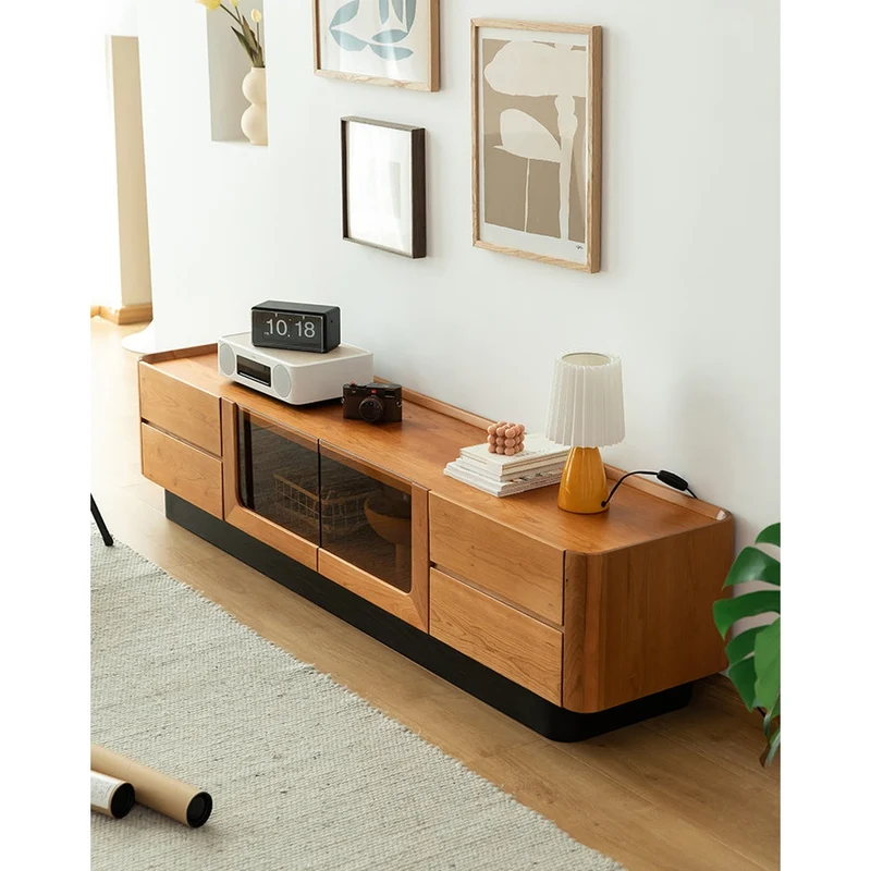 Elegant Glass Solid Cherry Wood TV Stand